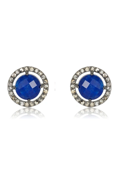 Adornia Fine Black Rhodium Plated Sterling Silver Diamond Halo Lapis Lazuli Stud Earrings In Blue