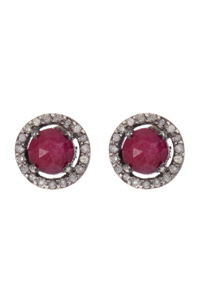 Adornia Sterling Silver Echo Ruby & Champagne Diamond Halo Stud Earrings In Red