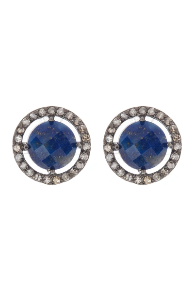 Adornia Fine Sterling Silver Prong Set Blue Sapphire & Pave Crystal Round Stud Earrings