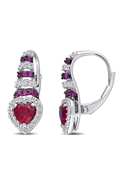 Delmar Sterling Silver Created Ruby Sapphire & Created White Sapphire Halo Drop Earrings In Red