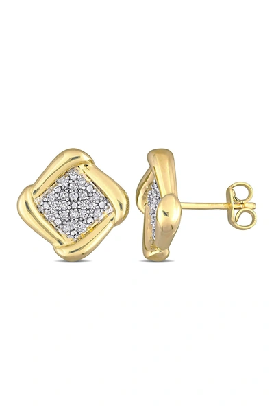 Delmar Yellow Plated Sterling Silver Pave Diamond Accent Square Stud Earrings In Gold