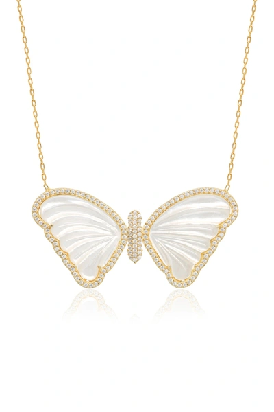 Gab+cos Designs Mother Of Pearl & Cz Halo Butterfly Pendant Necklace In Gold
