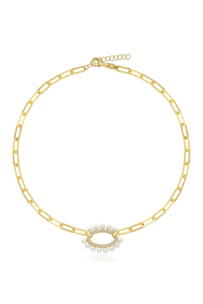 Gab+cos Designs Yellow Gold Vermeil Pave Cz & 2mm Pearl Oval Link Choker Necklace