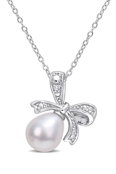 Delmar Freshwater Pearl & Diamond Bow Pendant Necklace In White