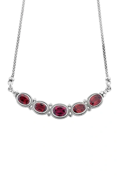 Samuel B Jewelry Sterling Silver 5 Station Bezel Set Garnet Pendant Necklace In Red