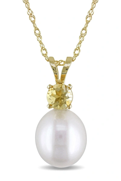 Delmar 14k Yellow Gold Citrine & 8-8.5mm White Freshwater Cultured Pearl Pendant Necklace
