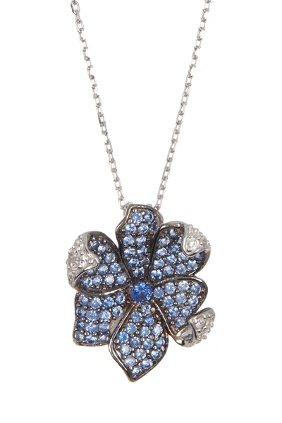 Suzy Levian Sterling Silver Sapphire Flower Pendant Necklace In Blue