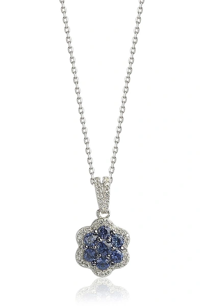 Suzy Levian Sterling Silver Blue Sapphire & Lab Created White Sapphire Flower Pendant Necklace