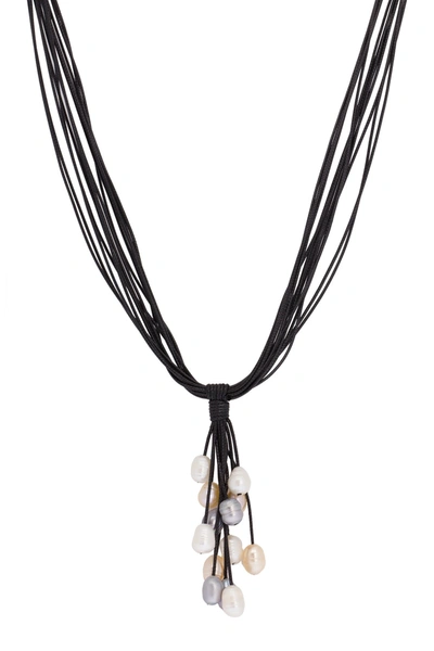 Saachi 8-10mm Pearl Classic Leather Necklace In Black