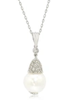 Suzy Levian Sterling Silver 9mm Freshwater Pearl & Created Sapphire Pendant In White