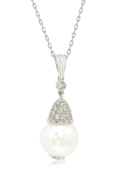 Suzy Levian Sterling Silver 9mm Freshwater Pearl & Created Sapphire Pendant In White