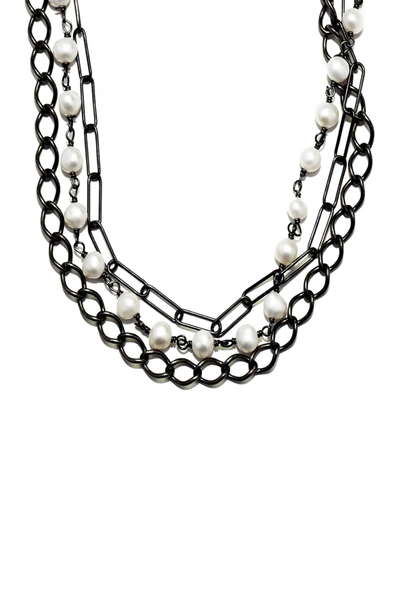 Adornia Black Rhodium Plated Messy Layered 5mm Imitation Pearl Necklace In White