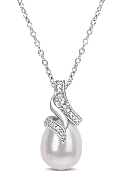 Delmar Sterling Silver 9mm Cultured Freshwater Pearl & Diamond Pendant In White