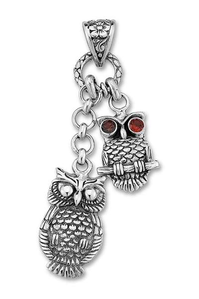 Samuel B Jewelry Sterling Silver Garnet Eye Double Owl Drop Pendant In Red