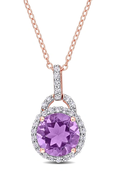 Delmar Rose Plated Sterling Silver Circle Cut Amethyst & White Topaz Accent Halo Pendant Necklace In Purple
