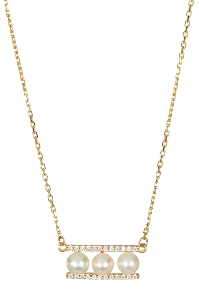 Adornia Yellow Gold Plated Sterling Silver 7mm Freshwater Pearl Swarovski Crystal Accented Bar Necklace In White