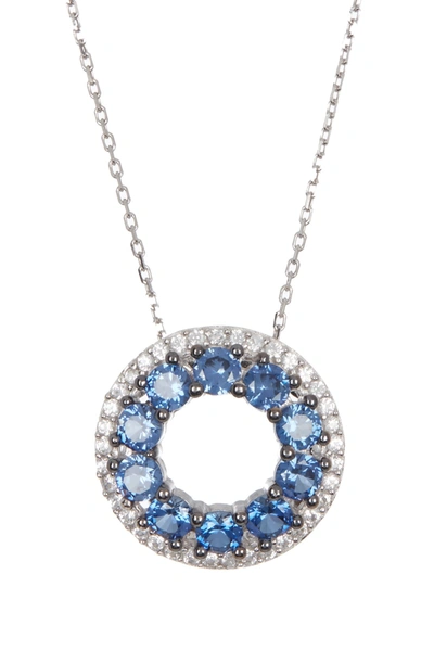 Suzy Levian Sterling Silver Sapphire Circle Diamond Accent Pendant Necklace In Blue