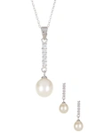 Splendid Pearls Dangling Cz & 8-9mm Pearl Necklace & Earrings Set In White