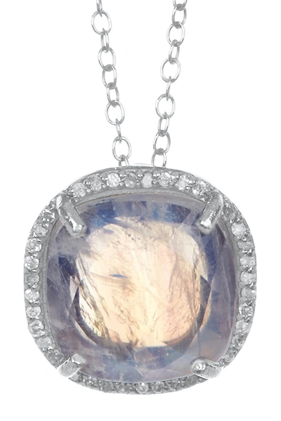 Adornia Fine Rhodium Plated Sterling Silver Pave Diamond Halo Cusion Cut Moonstone Pendant Necklace In White