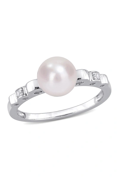 Delmar Sterling Silver 7.5mm Cultured Freshwater Pearl & Sapphire Ring In White