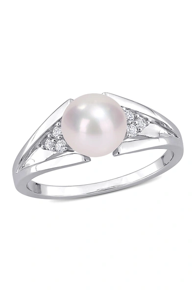Delmar Sterling Silver 7.5mm Cultured Freshwater Pearl & Diamond Ring In White