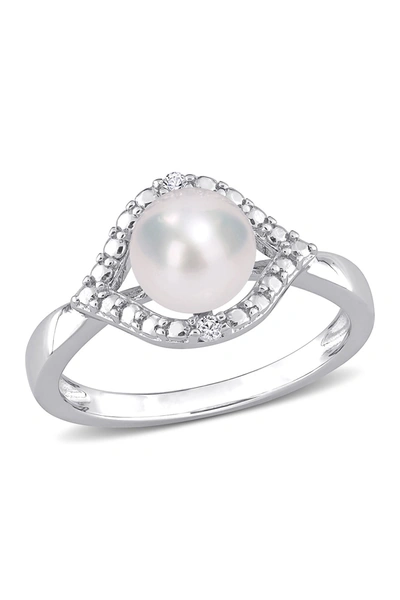Delmar Sterling Silver 7mm Cultured Freshwater Pearl & Sapphire Eye Ring In White