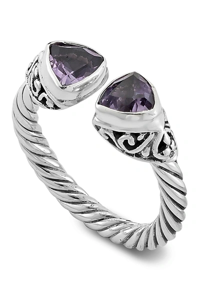 Samuel B Jewelry Stainless Steel Amethyst Trillion Bypass Steel Ring In Purple