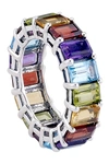 Samuel B Jewelry Sterling Silver Prong Set Emerald Cut Gemstone Eternity Band Ring In Multi Color