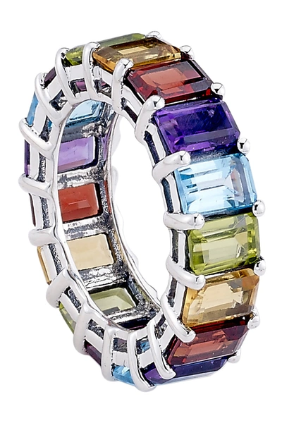 Samuel B Jewelry Sterling Silver Prong Set Emerald Cut Gemstone Eternity Band Ring In Multi Color