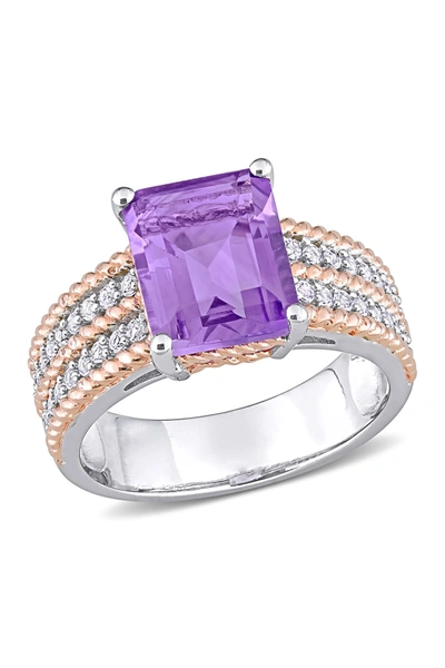 Delmar Two-tone Square Cut Amethyst Pave Whate Topaz Accent Band Cocktail Ring In Purple