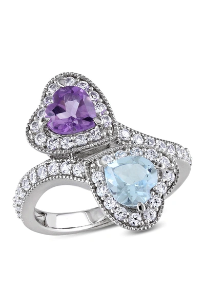 Delmar Sterling Silver Amethyst, Sky Blue Topaz & Created White Sapphire Double Heart Ring In Multi