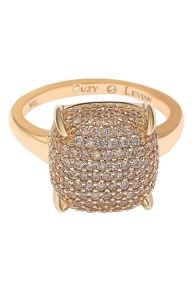 Suzy Levian Rose-tone Sterling Silver Prong Set Cushion Shape Pave Cz Ring In Pink