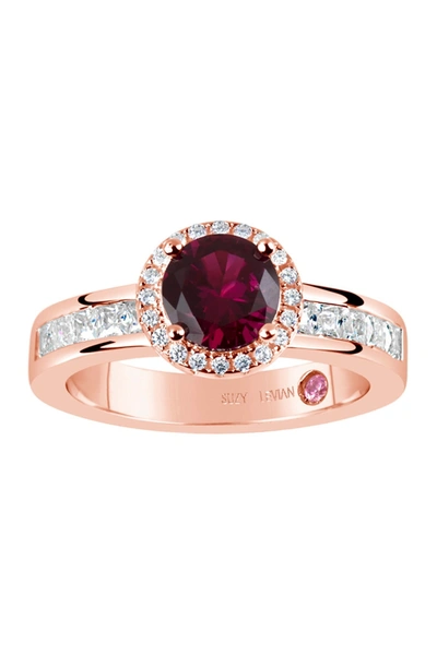 Suzy Levian Rose Gold Plated Sterling Silver Ruby & Cz Ring In Red
