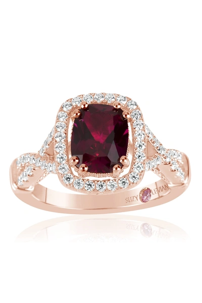 Suzy Levian Pink Rhodium Plated Sterling Silver Cushion-cut Cz Split Shank Ring In Red