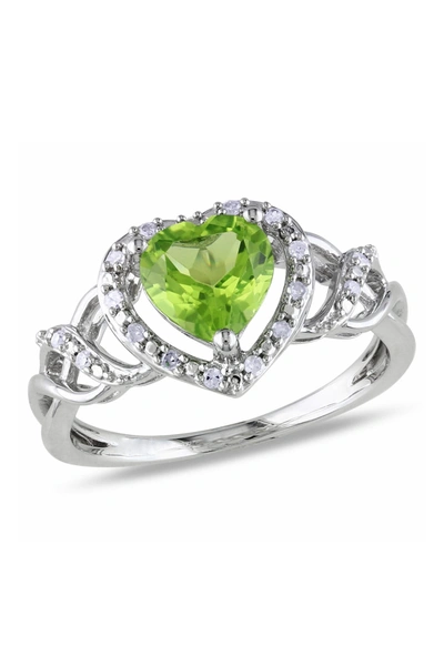 Delmar Sterling Silver Pave Diamond Peridot Heart Swirl Ring In Green