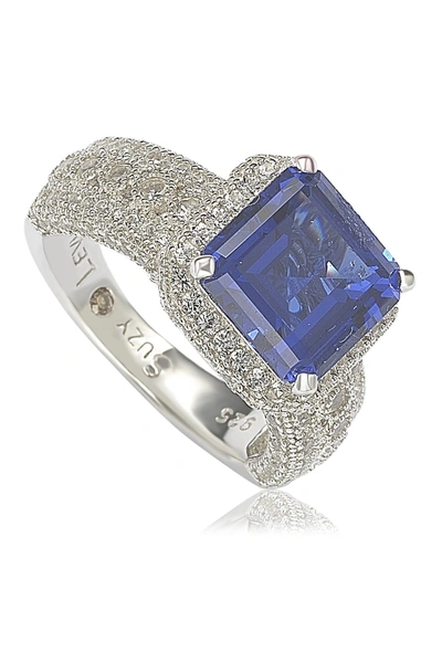Suzy Levian Sterling Silver Emerald-cut Sapphire Diamond Accent Ring In Blue