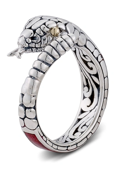 Samuel B Jewelry Samuel B. Sterling Silver & 18k Yellow Gold Coral Detail Bypass Snake Ring In Red
