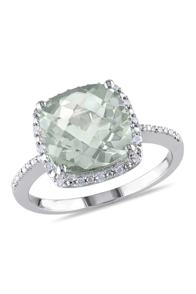 Delmar Sterling Silver Cushion Prasiolite Diamond Halo Ring In Green