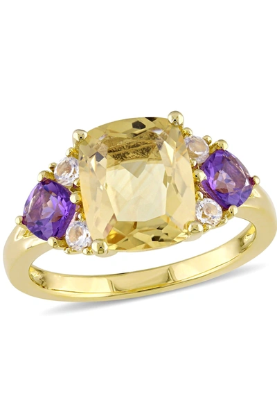 Delmar Yellow Plated Sterling Silver Cushion Shape Citrine Amethyist And White Topaz Ring In Multi