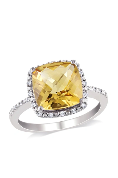 Delmar Birthstone Of The Month Sterling Silver Cushion Citrine & Diamond Halo Ring In Yellow