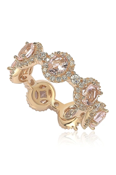 Suzy Levian Rose-tone Sterling Silver Prong Set Cz & Pave Halo Station Eternity Band Ring In Pink