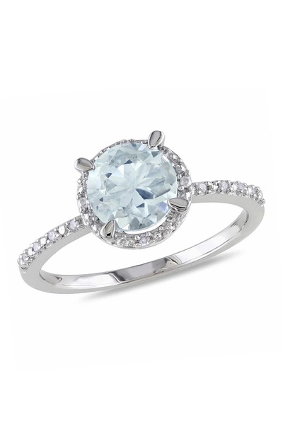 Delmar Sterling Silver Round Aquamarine & Diamond Halo Ring In Blue