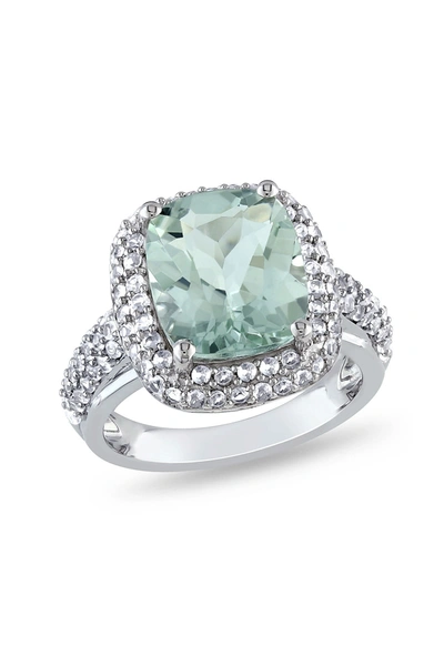 Delmar Sterling Silver Created White Sapphire Double Halo Green Amethyst Ring