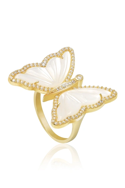 Gab+cos Designs Yellow Gold Vermeil Mother Of Pearl & Cz Halo Butterfly Ring