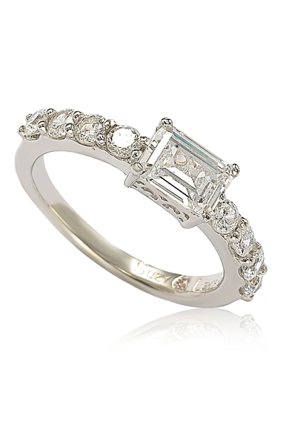 Suzy Levian Sterling Silver Emerald-cut Cz Center Stone Engagement Ring In White