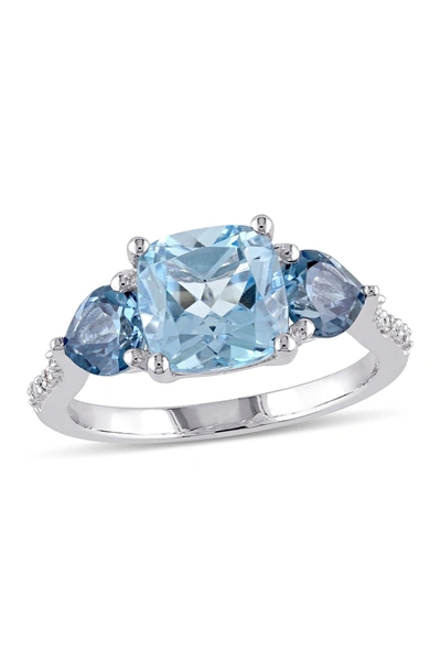 Delmar Sterling Silver Prong Set Cushion Cut Sky & London Blue Topaz Diamond Accented Floral Ring