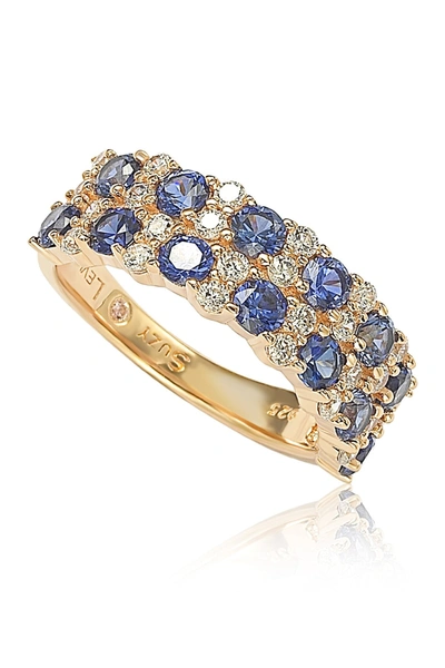 Suzy Levian Rose Sterling Silver Double Row Sapphire Brown Diamond Eternity Ring In Blue