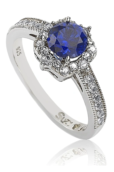 Suzy Levian Sterling Silver Sapphire Center Stone & Lab Grown White Sapphire In Blue