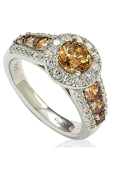 Suzy Levian Sterling Silver Round-cut Brown & White Cz Engagement Ring