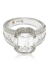 Suzy Levian Sterling Silver White Emerald-cut Cubic Zirconia Engagement Ring